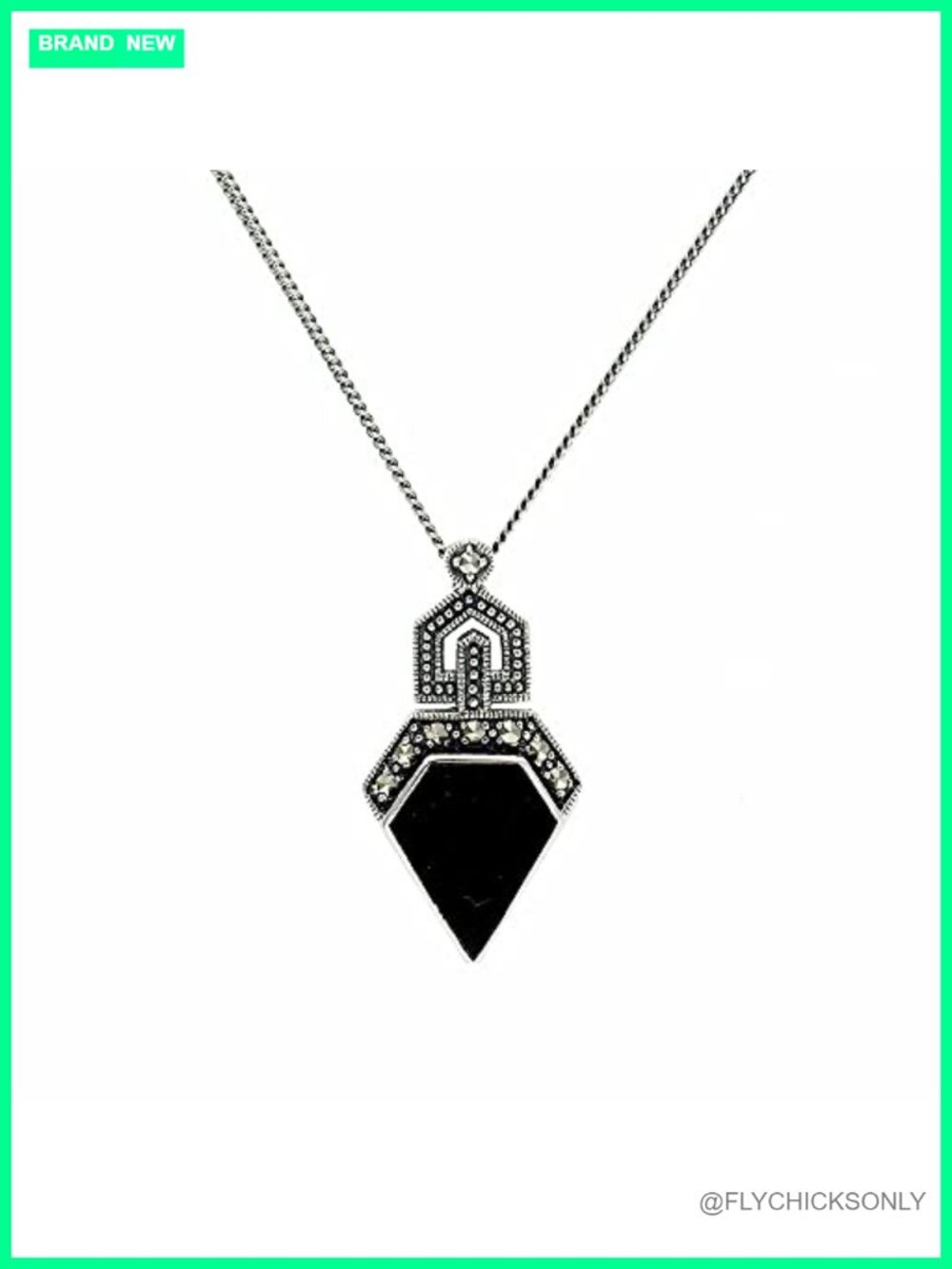 925 Sterling Silver Marcasite & Black Onyx Art Deco Necklace